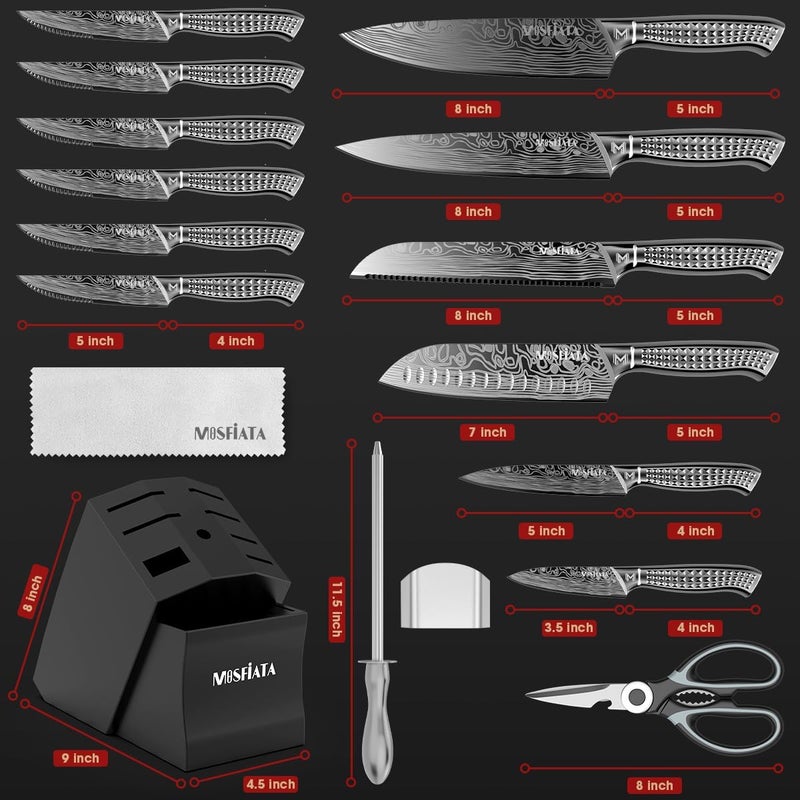 MOSFiATA Kitchen Knife Set, 17 Pcs Japanese Stainless Steel Knife Sets for Kitchen with Block with Knife Sharpening Rod, Dishwasher Safe, Titanium Plated Knife Block Set (Gray) - Image 2
